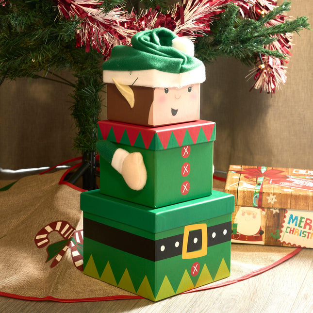 Stackable Elf Christmas Gift Boxes With Hat-5012213477062-Bargainia.com