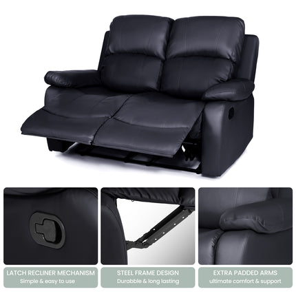 Black Bonded Leather Recliner Sofa Suite-5056150262602-Bargainia.com