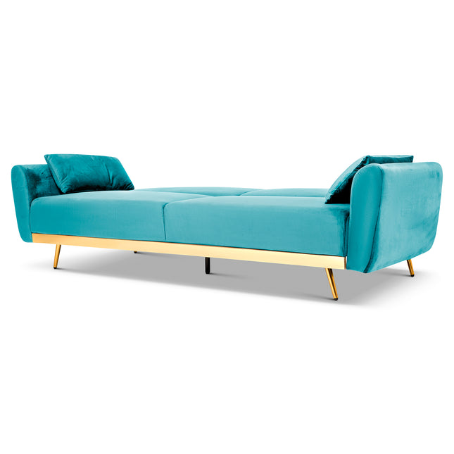 Libbie 3 Seater Blue Velvet Sofa Bed with Gold Detail