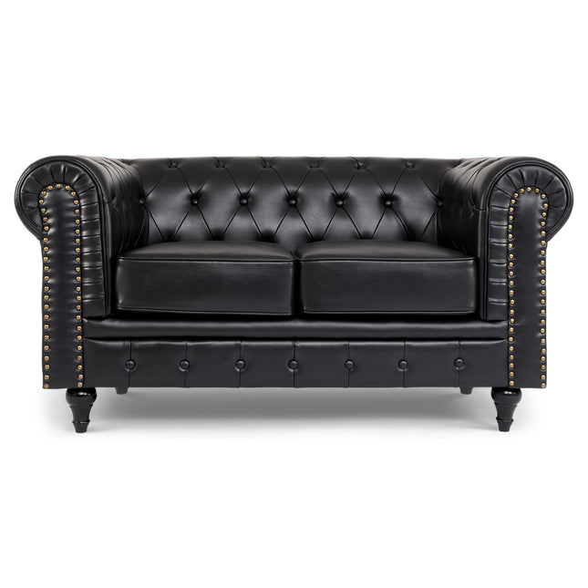 Faux Leather Chesterfield Sofa Suite - Black-Bargainia.com