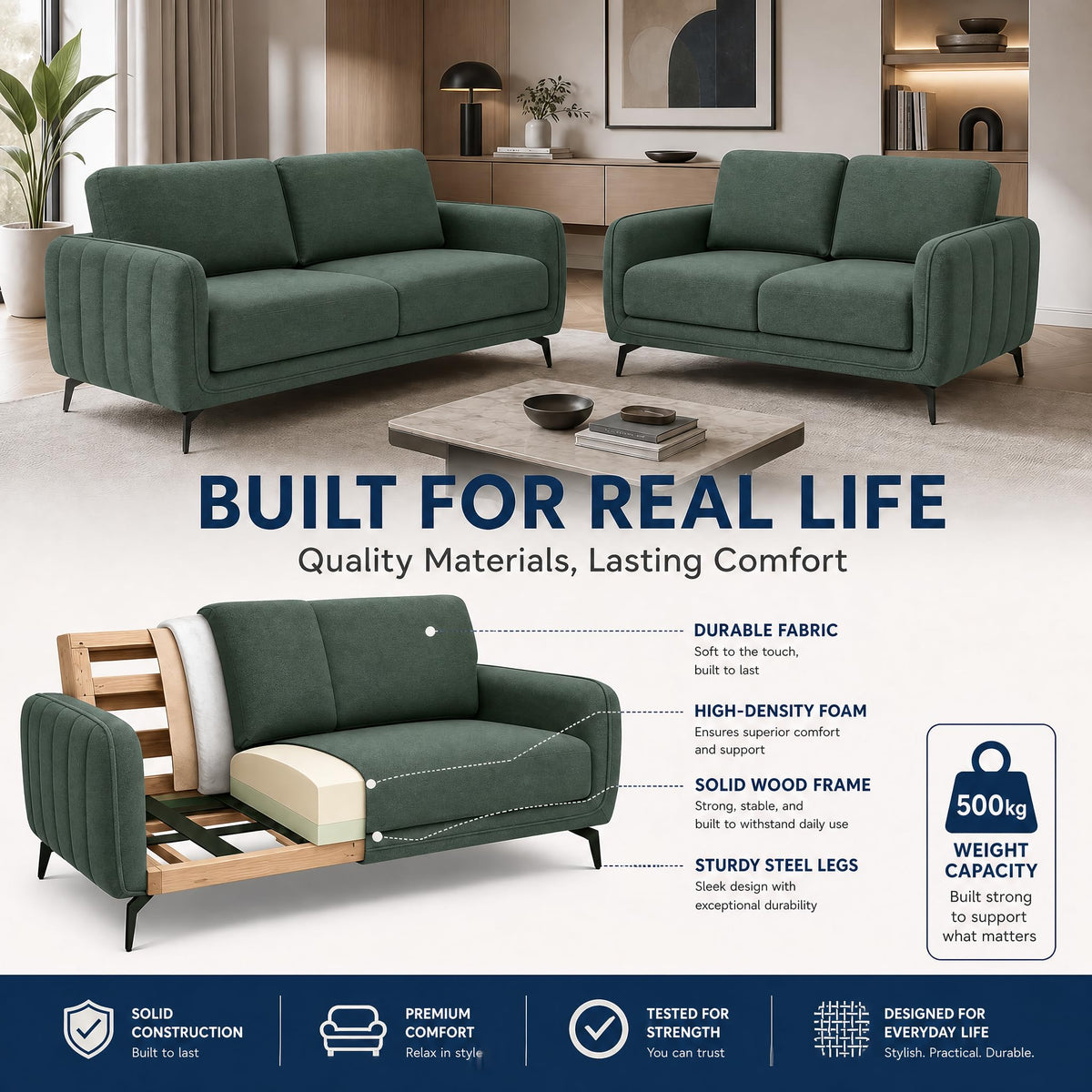 Brixton Green Fabric Sofa Set, 2 Seater and 3 Seater Linen Look Settees with Solid Wood Frame and Steel Legs