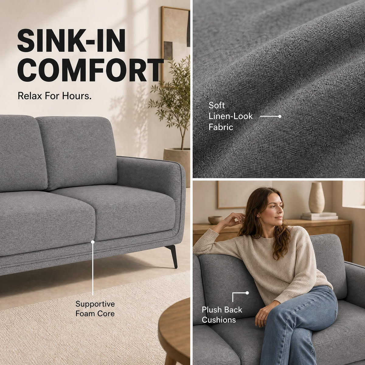 Brixton Grey Fabric Sofa, 2 Seater Linen Look Settee with Solid Wood Frame, Foam Cushions and Steel Legs