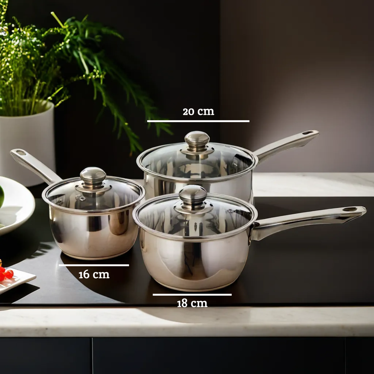 Crosse Set of 3 Stainless Steel Saucepans with Glass Lids