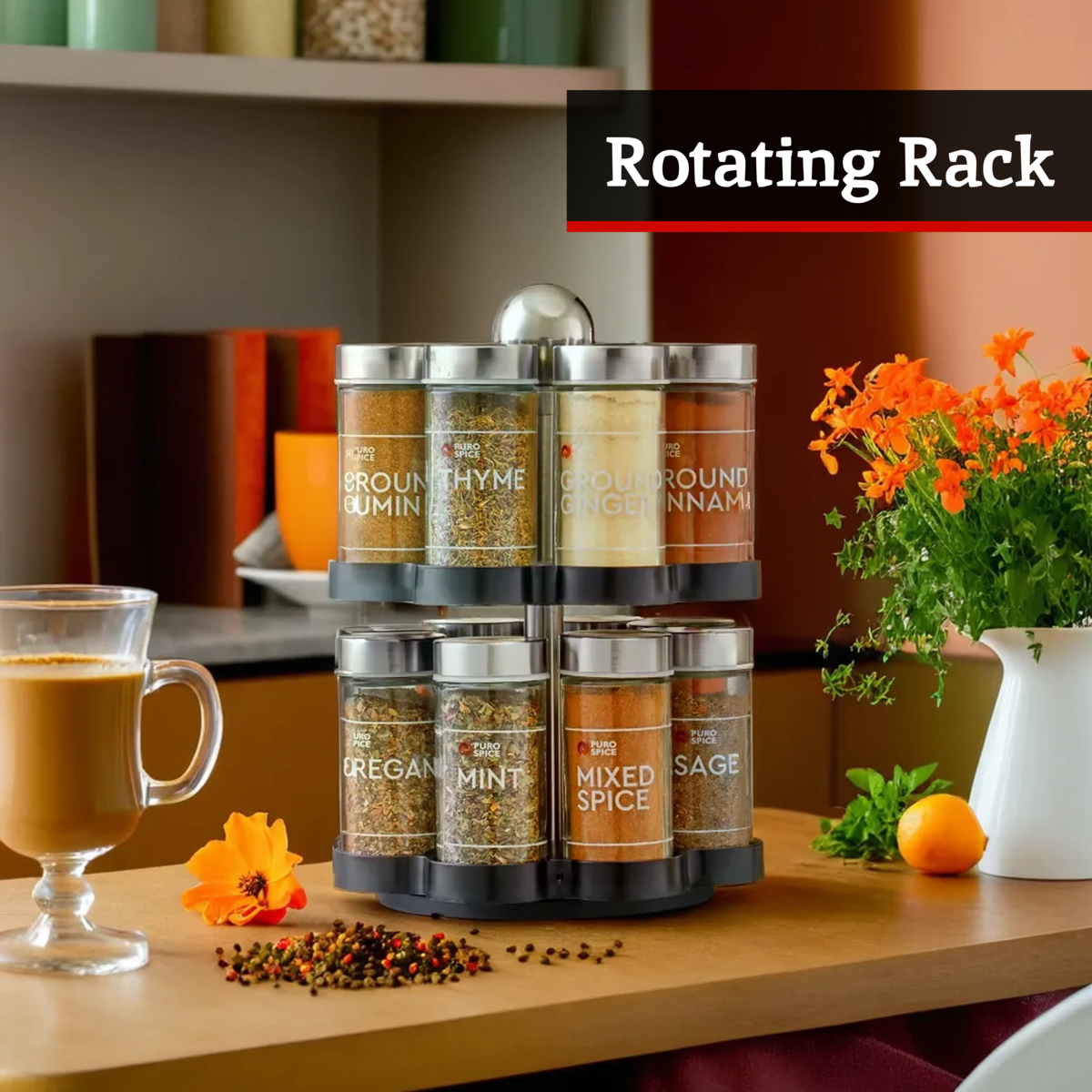 Puro Revolving Spice Rack with 16 Spices and Herbs