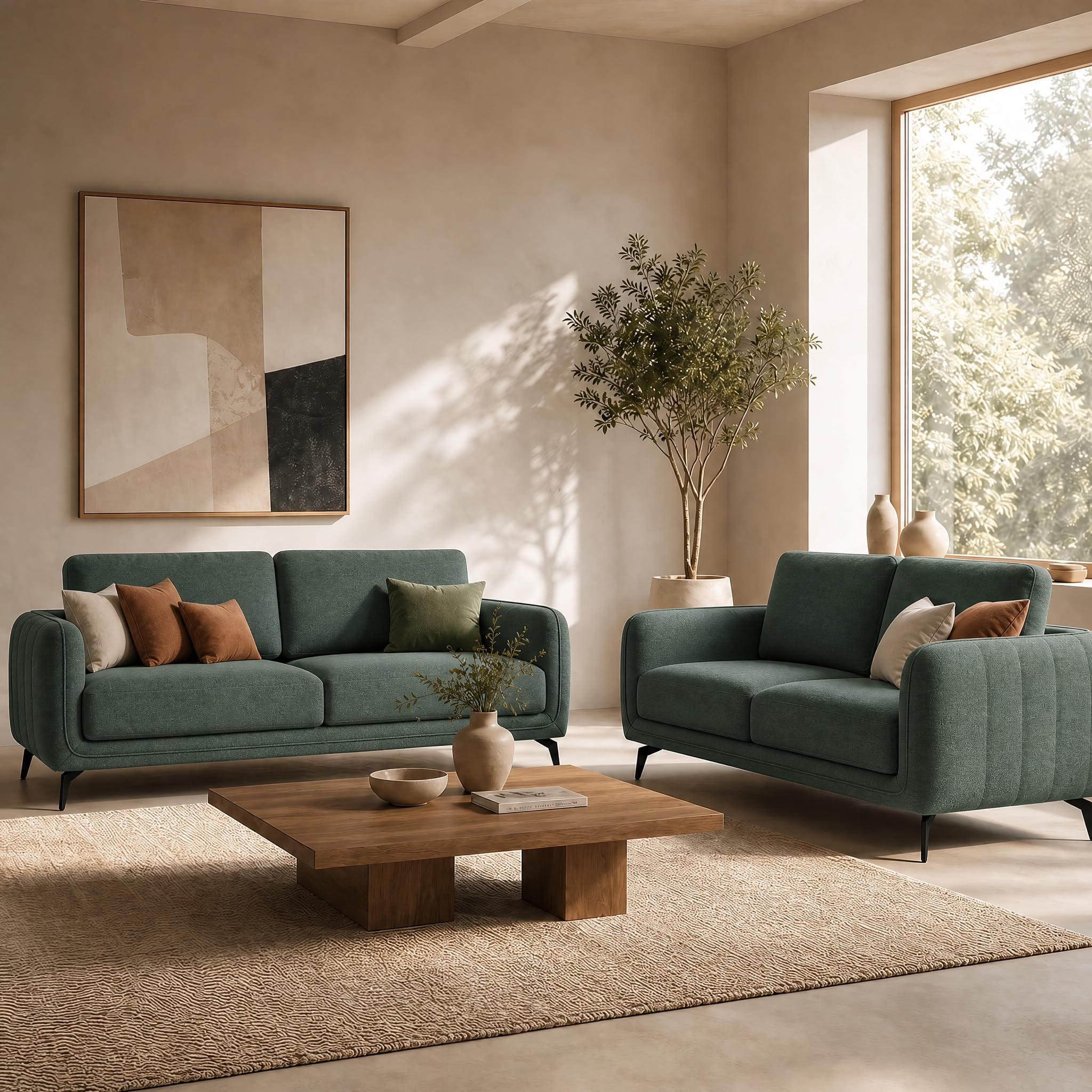 Brixton Green Fabric Sofa Set, 2 Seater and 3 Seater Linen Look Settees with Solid Wood Frame and Steel Legs