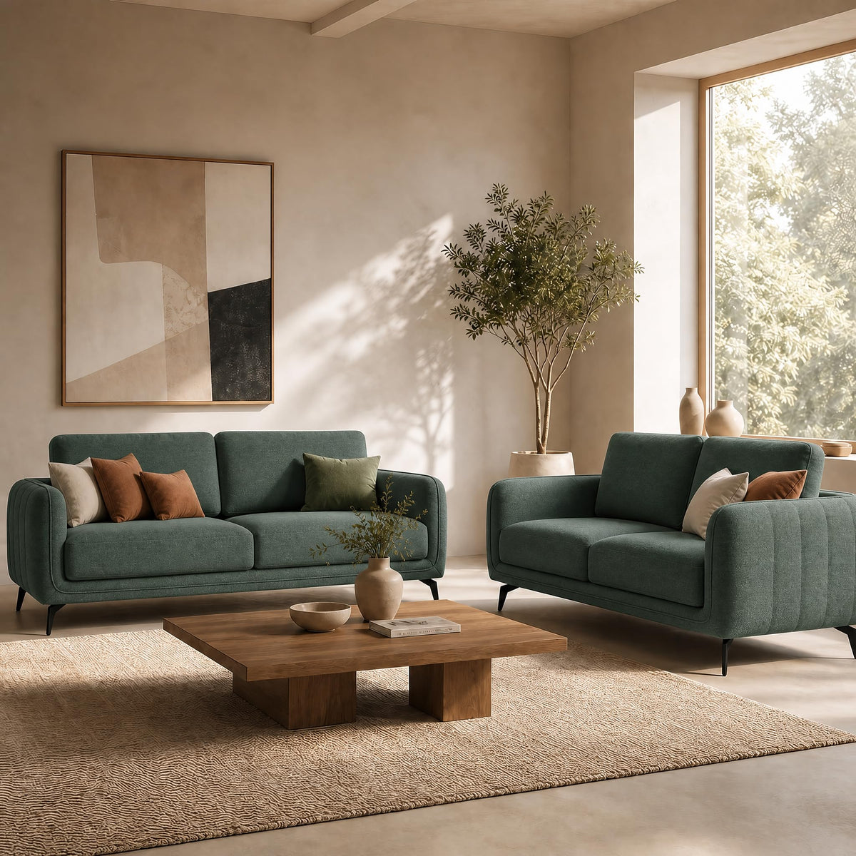 Brixton Green Fabric Sofa Set, 2 Seater and 3 Seater Linen Look Settees with Solid Wood Frame and Steel Legs