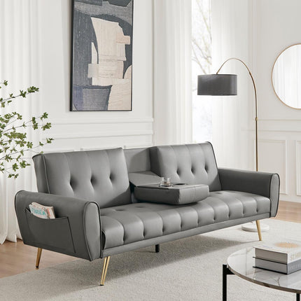 Lora 3 Seater Faux Leather Click Clack Sofa Bed with 2 Cup Holders - Grey-5056536103888-Bargainia.com