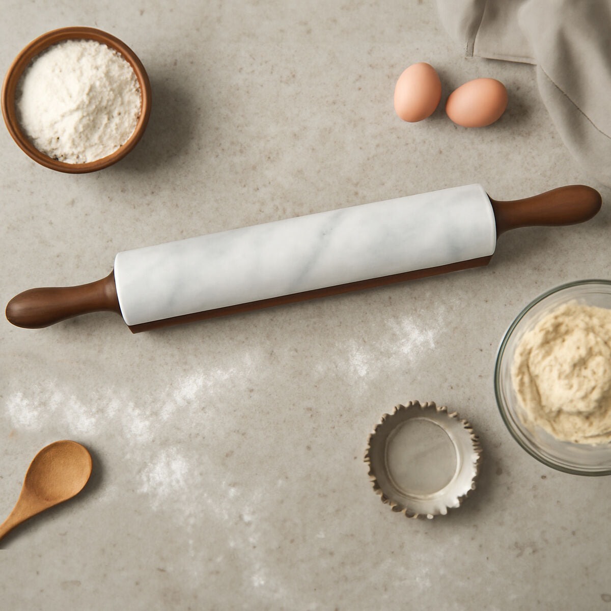 Kindia White Marble Rolling Pin With Wooden Stand