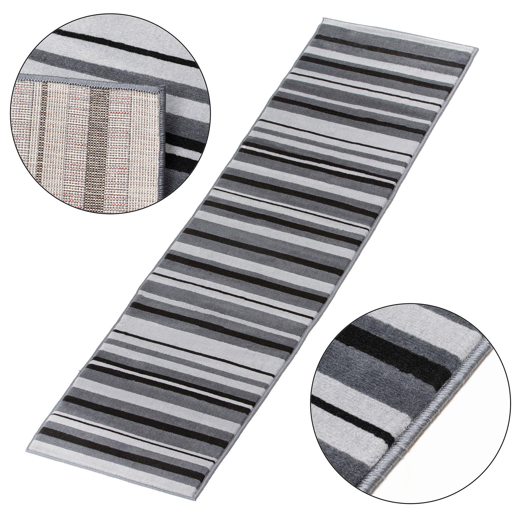 Grey Lines Striped Runner Rug | Hessian Backed Flexible Stair & Hallway Carpet Runner
