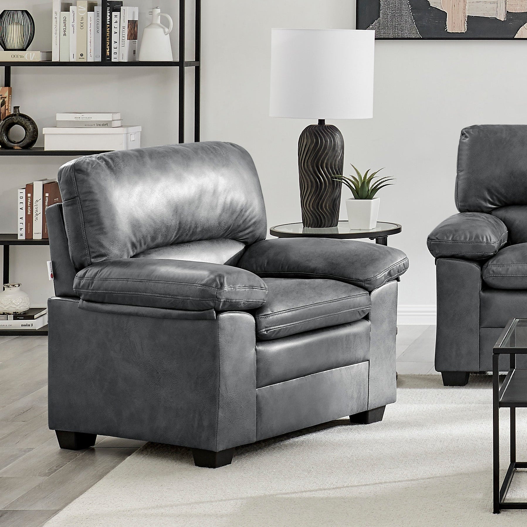 Oxford Faux Leather Armchair, Slate Grey Wipe Clean Accent Chair with Padded Arms and Solid Wood Frame