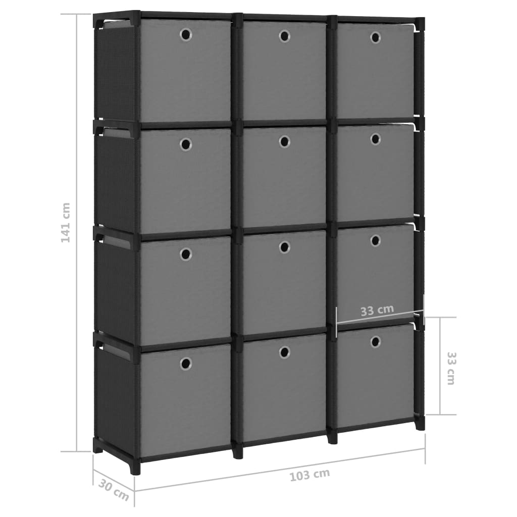 12 - Cube Display Shelf with Boxes Black 103x30x141 cm Fabric - Bargainia.com - 8720286042724 - 322615