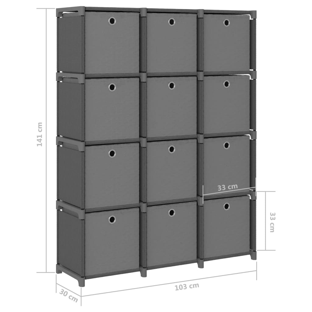 12 - Cube Display Shelf with Boxes Grey 103x30x141 cm Fabric - Bargainia.com - 