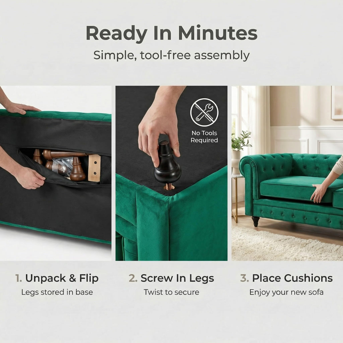 Chesterfield Velvet Sofa Suite, Emerald Green, 3 Piece Set with Armchair, 2 Seater and 3 Seater, Button Back