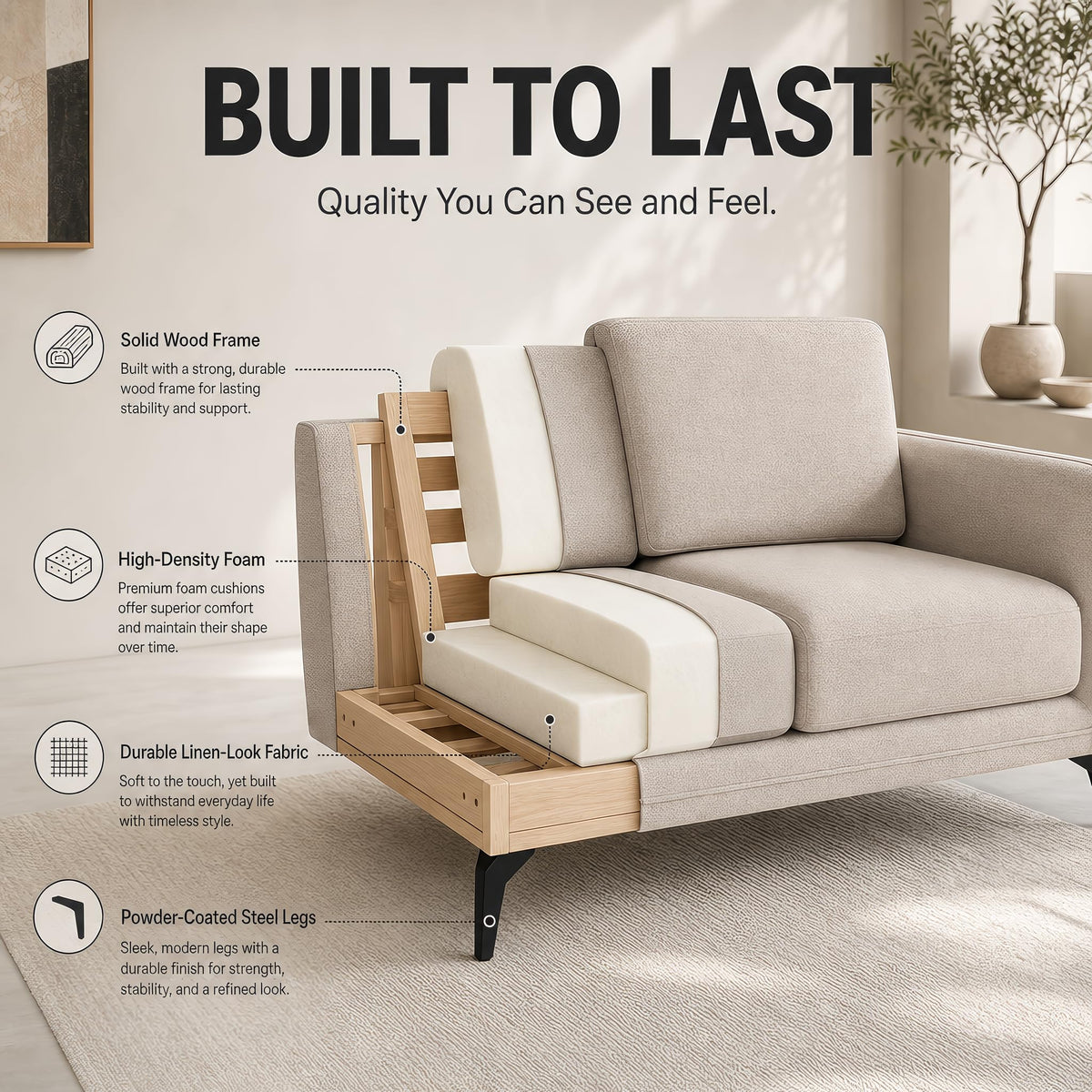 Brixton Cream Fabric Sofa Suite, Armchair, 2 Seater and 3 Seater Set, Linen Look with Solid Wood Frame