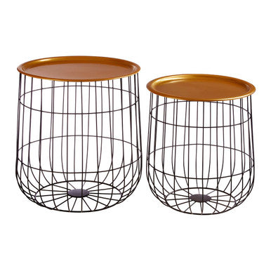 Hege Set Of 2 Brass Finish Top and Black Wire Side Tables
