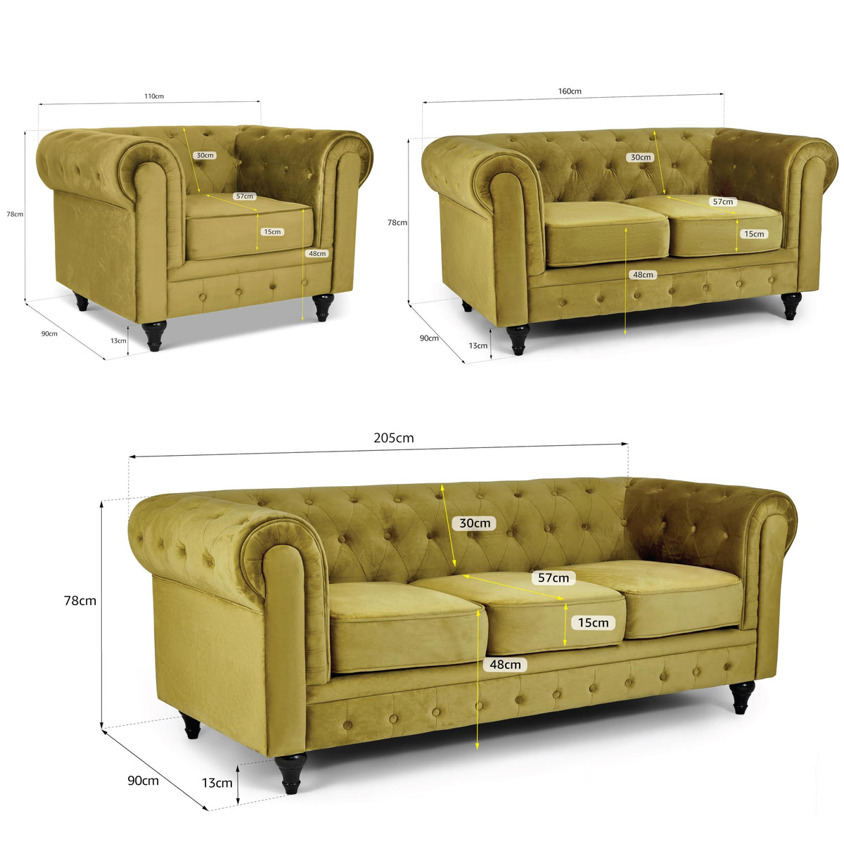 Chesterfield Velvet Sofa Suite, Olive Gold 3 Piece Set with Armchair, 2 Seater and 3 Seater Sofa, Button Back