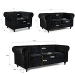 Chesterfield Velvet Sofa Suite, Black 3 Piece Set with Armchair, 2 Seater and 3 Seater Sofa, Button Back