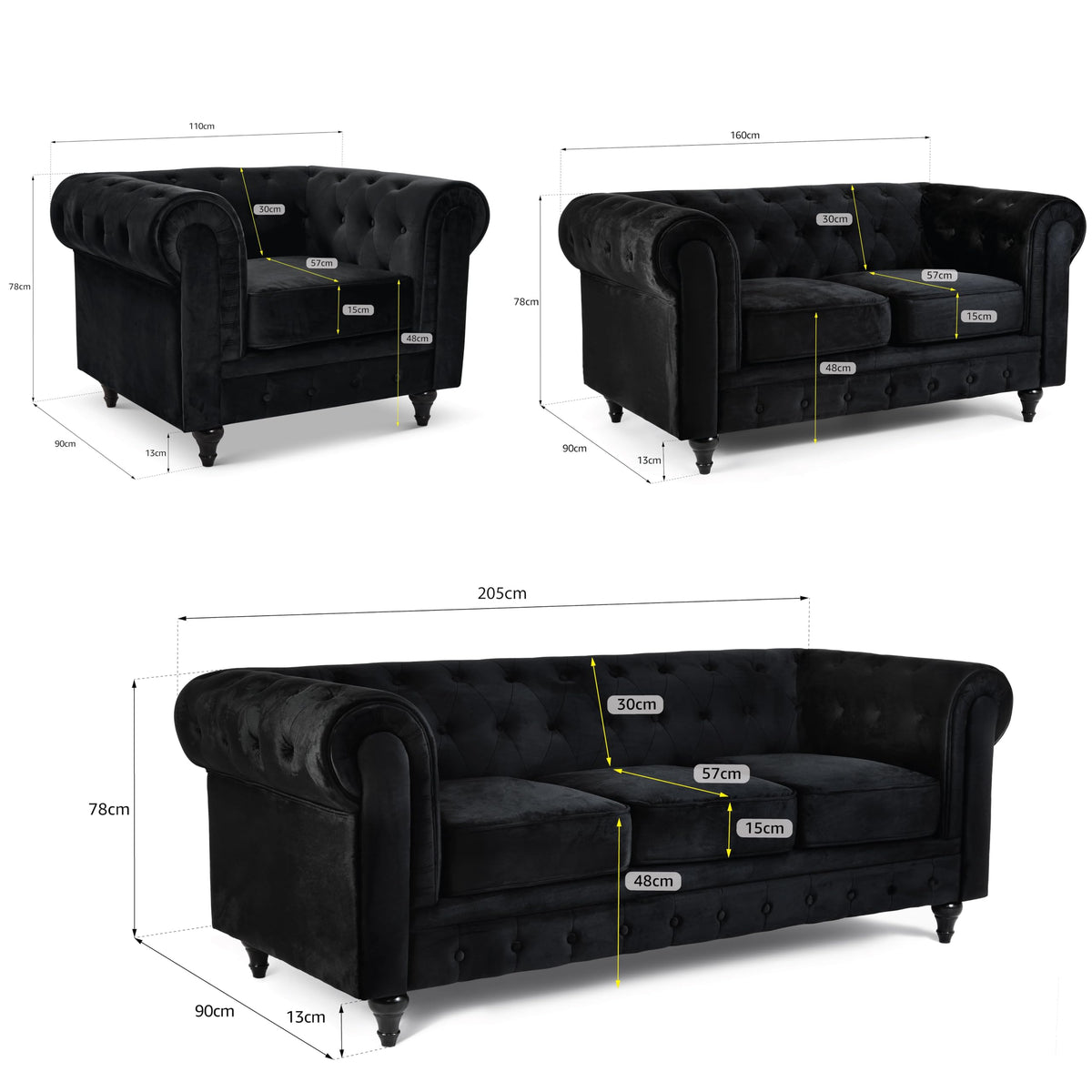 Chesterfield Velvet Sofa Suite, Black 3 Piece Set with Armchair, 2 Seater and 3 Seater Sofa, Button Back