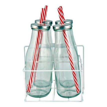 Glass Milk Vintage Style Bottles & Straws in Rack - 24cm