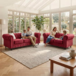 Chesterfield Velvet Sofa Set, Wine Red 2 and 3 Seater Sofas, Button Tufted Back, Scroll Arms and Solid Wood Frame