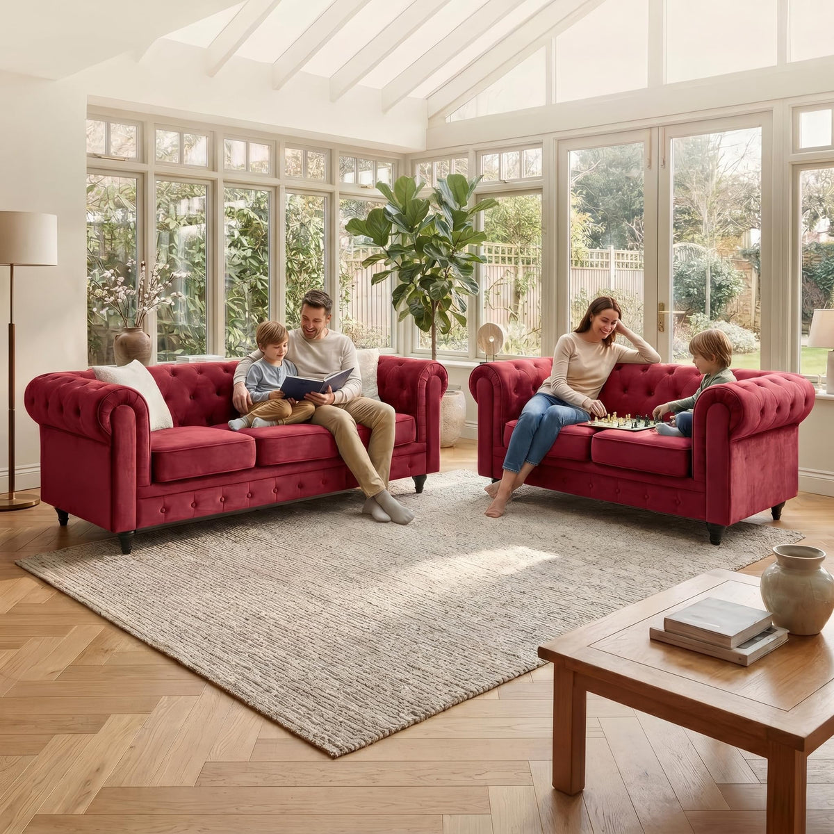 Chesterfield Velvet Sofa Set, Wine Red 2 and 3 Seater Sofas, Button Tufted Back, Scroll Arms and Solid Wood Frame