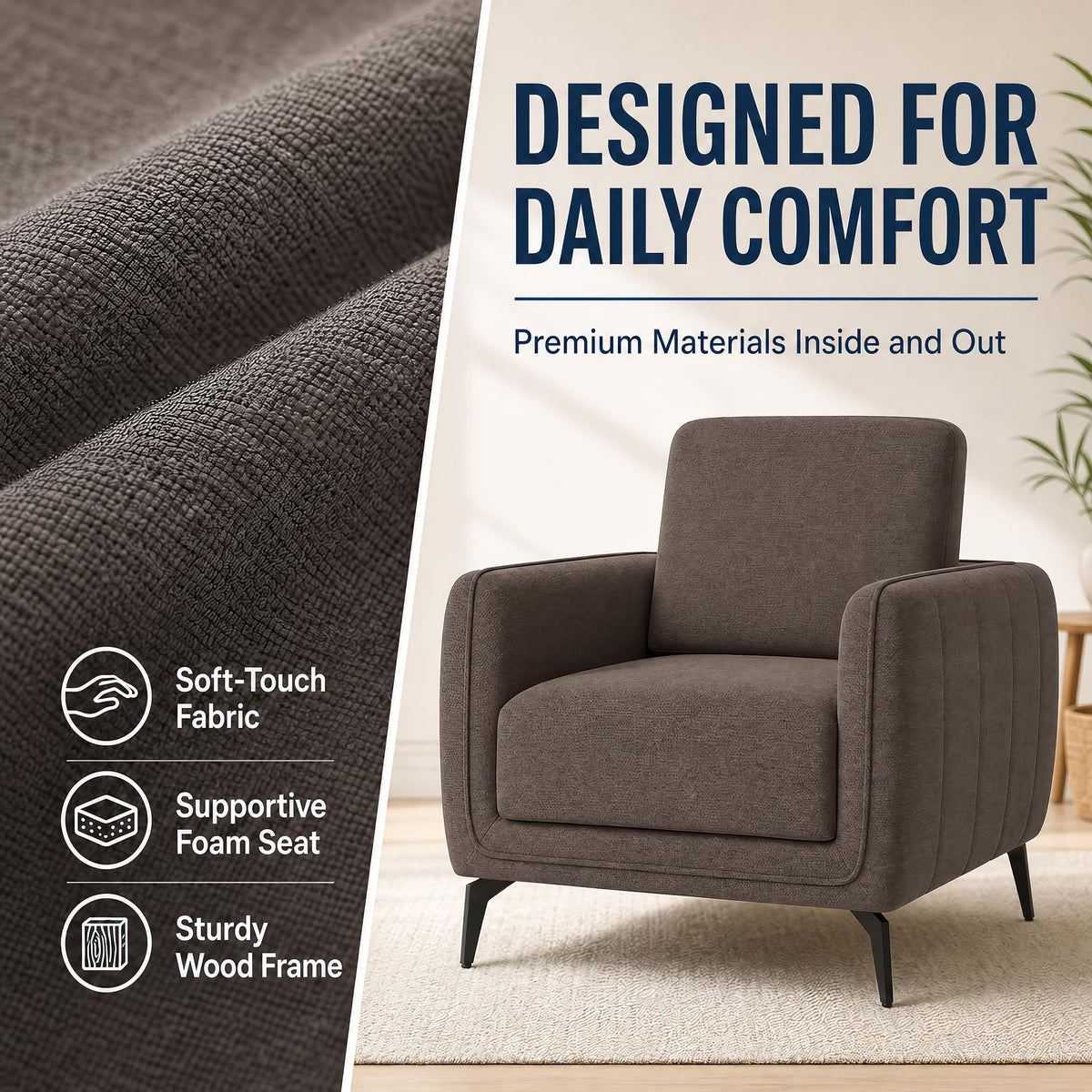 Brixton Dark Brown Linen Look Fabric Armchair, Modern Accent Chair with Solid Wood Frame and Black Steel Legs