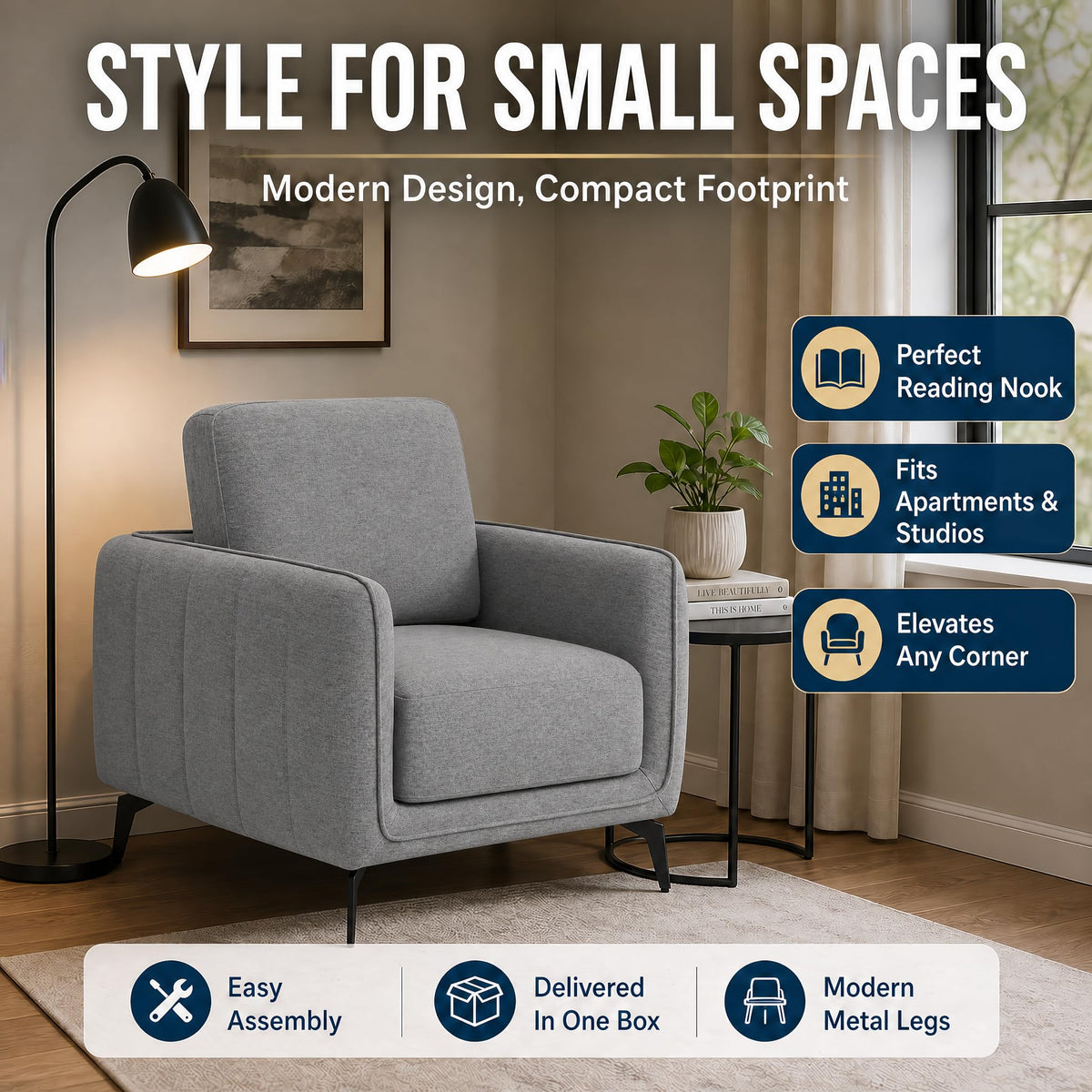 Brixton Grey Linen Look Fabric Armchair, Modern Accent Chair with Solid Wood Frame and Black Steel Legs