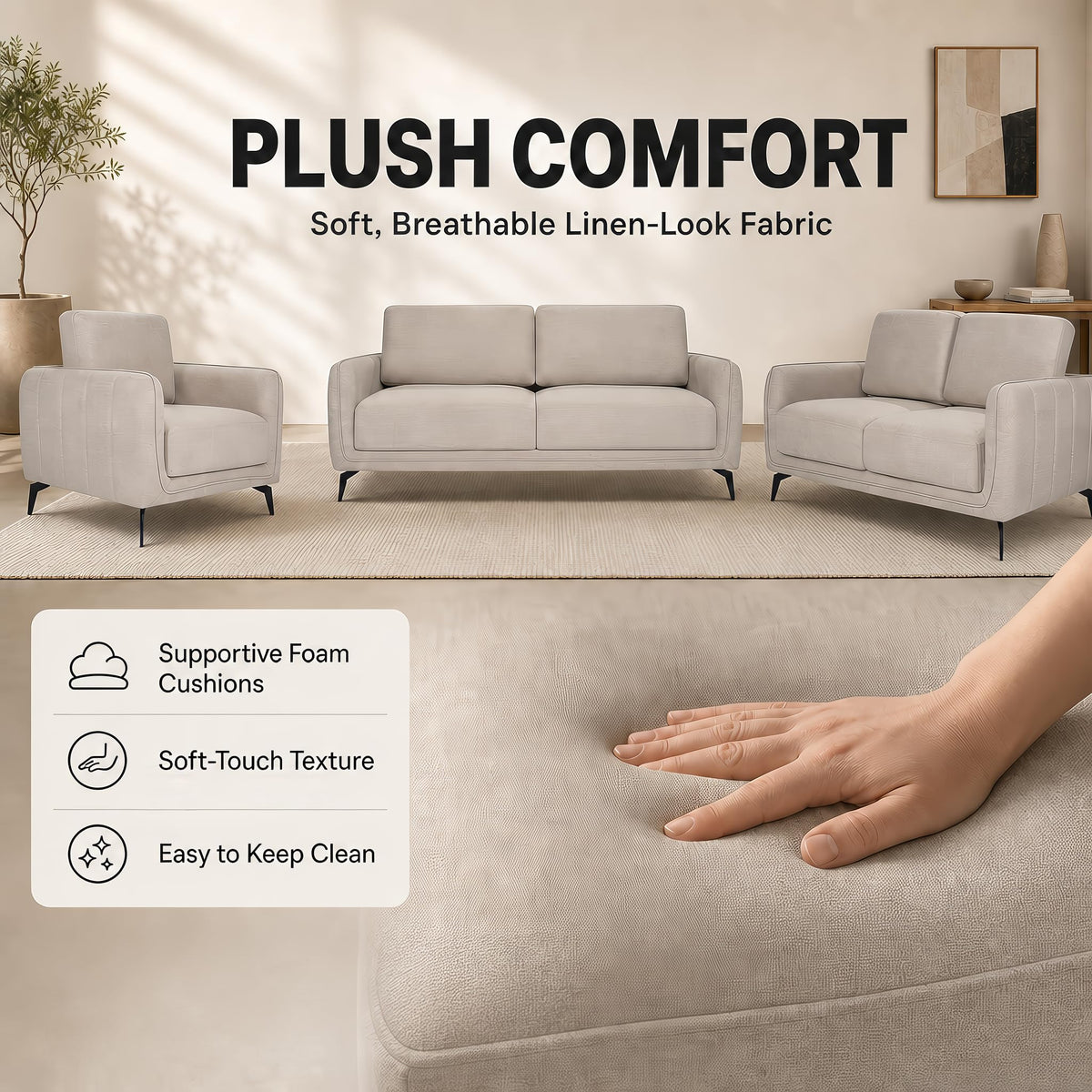 Brixton Cream Fabric Sofa Suite, Armchair, 2 Seater and 3 Seater Set, Linen Look with Solid Wood Frame