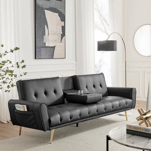 Lora 3 Seater Faux Leather Click Clack Sofa Bed with 2 Cup Holders - Black-5056536103895-Bargainia.com