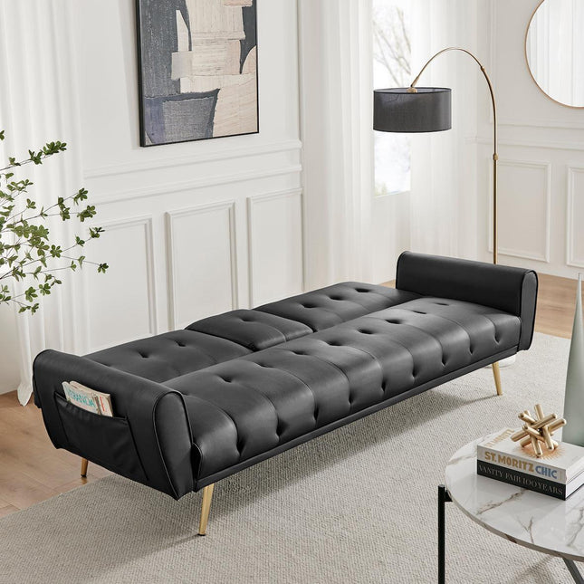 Lora 3 Seater Faux Leather Click Clack Sofa Bed with 2 Cup Holders - Black-5056536103895-Bargainia.com