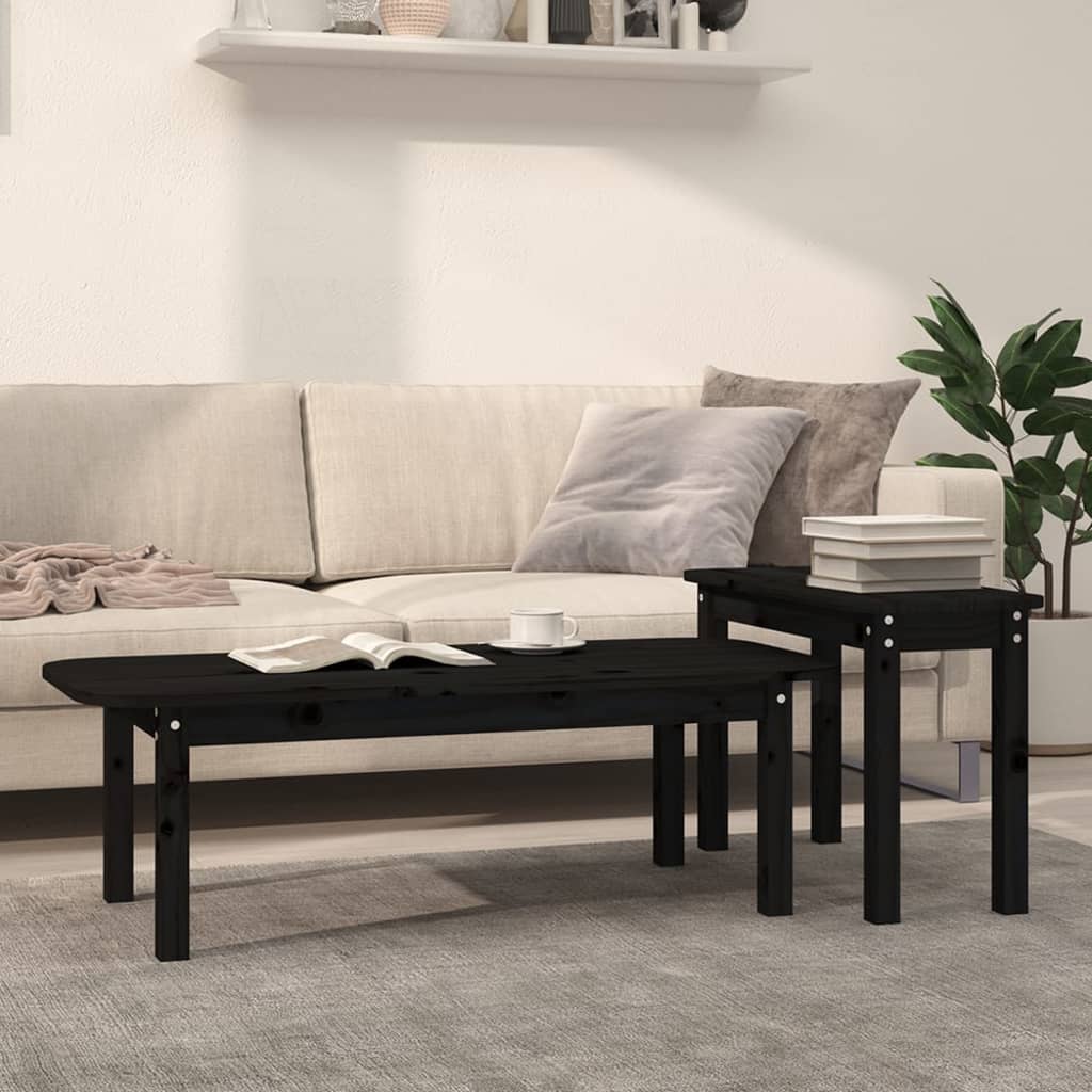 2 Piece Coffee Table Set Black Solid Wood Pine - Bargainia.com - 
