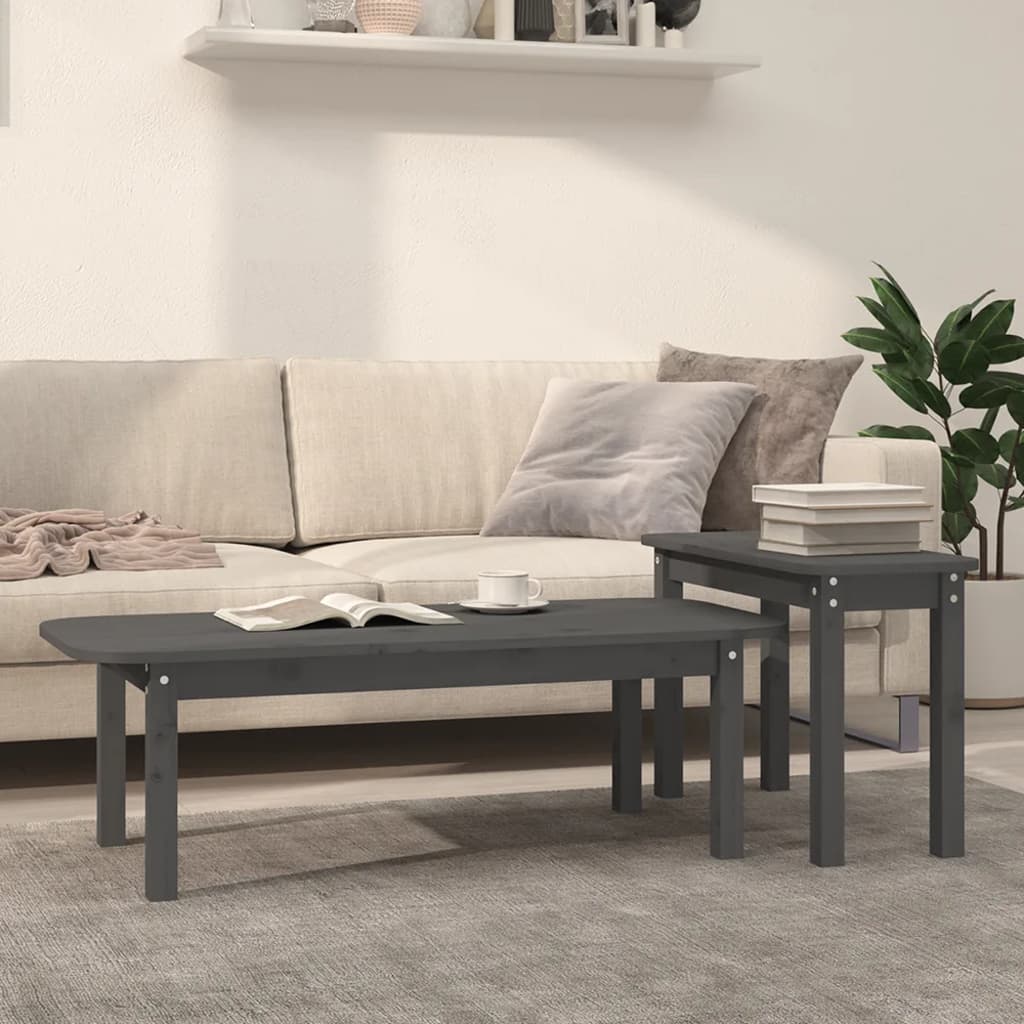 2 Piece Coffee Table Set Grey Solid Wood Pine - Bargainia.com - 