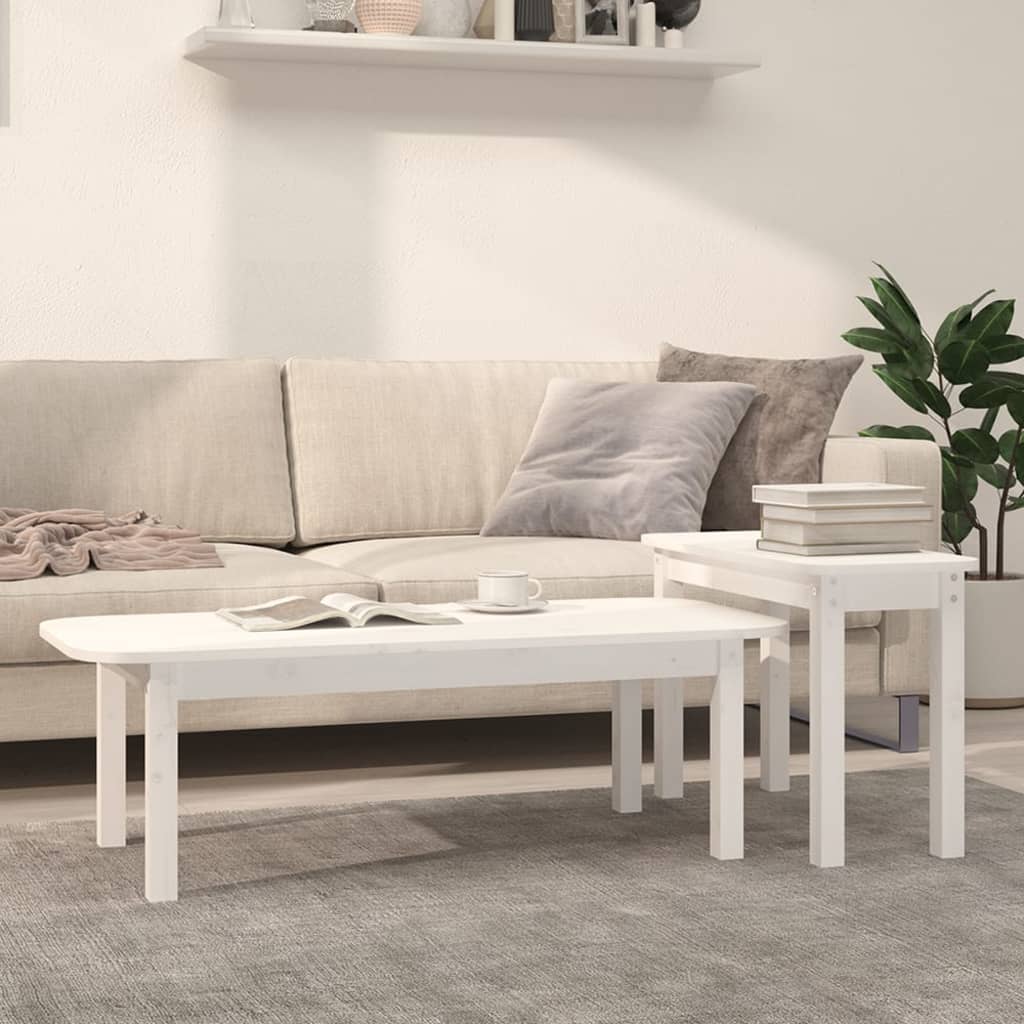 2 Piece Coffee Table Set White Solid Wood Pine - Bargainia.com - 