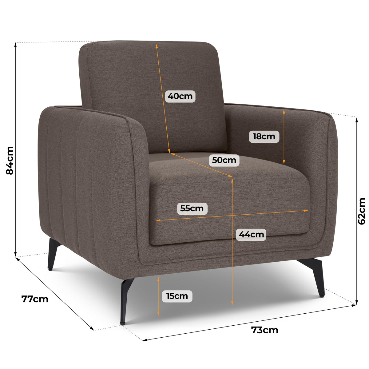 Brixton Dark Brown Linen Look Fabric Armchair, Modern Accent Chair with Solid Wood Frame and Black Steel Legs