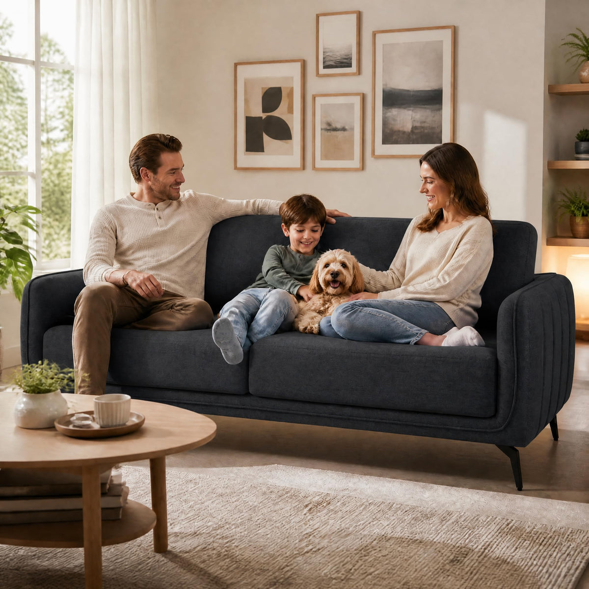 Brixton Dark Grey Linen Look Fabric 3 Seater Sofa, Modern Couch with Foam Cushions and Black Steel Legs