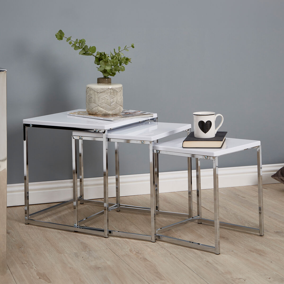 Fulton Matte White Nest Of 3 Tables With Chrome Frame