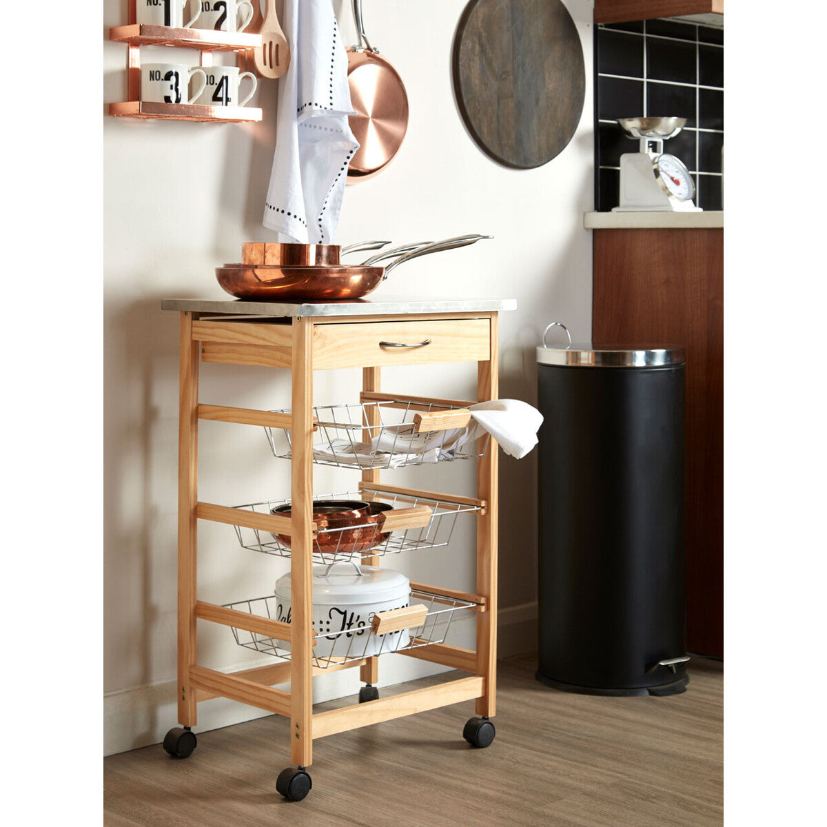 Harlow Glenn 3 Wire Baskets Pinewood Kitchen Trolley