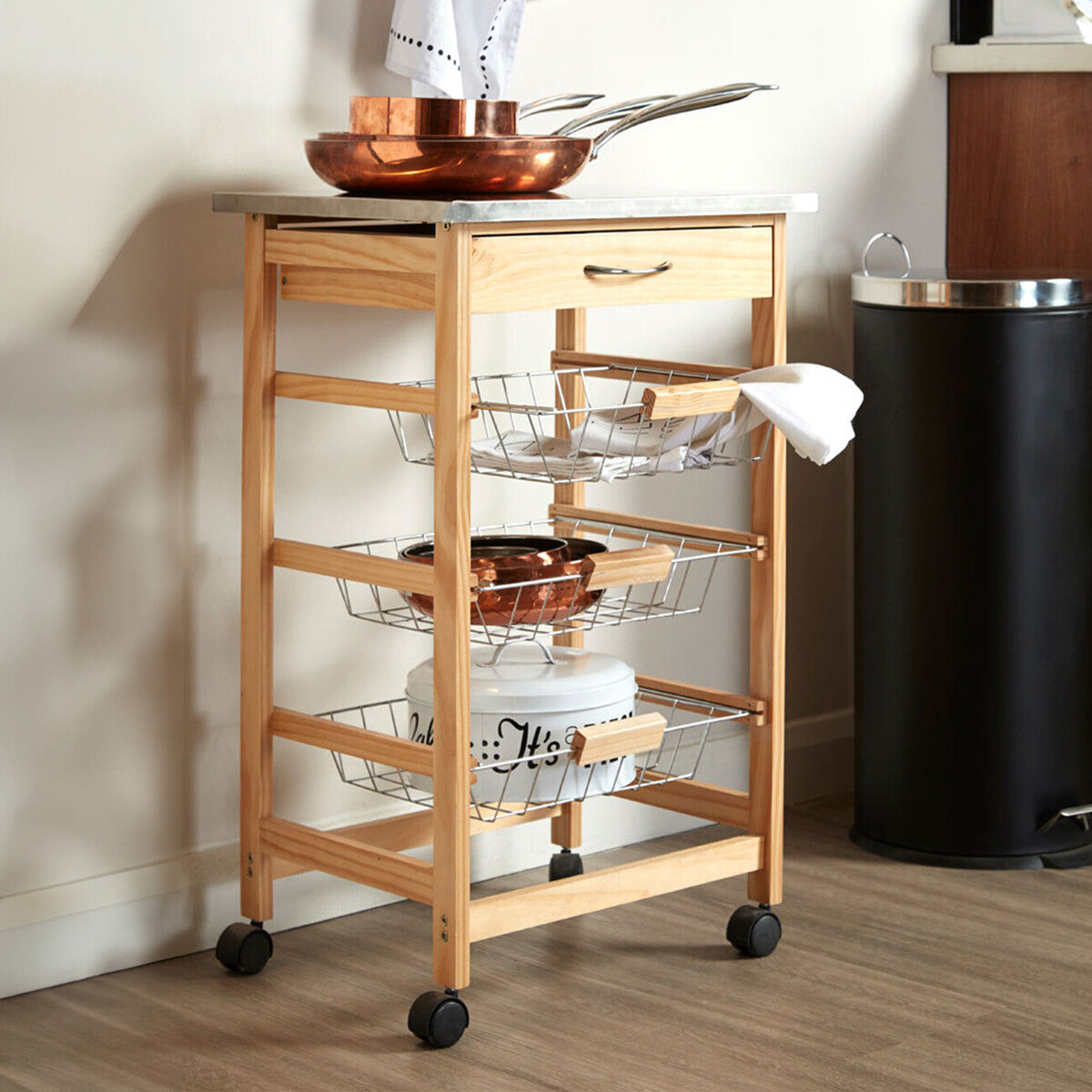 Harlow Glenn 3 Wire Baskets Pinewood Kitchen Trolley