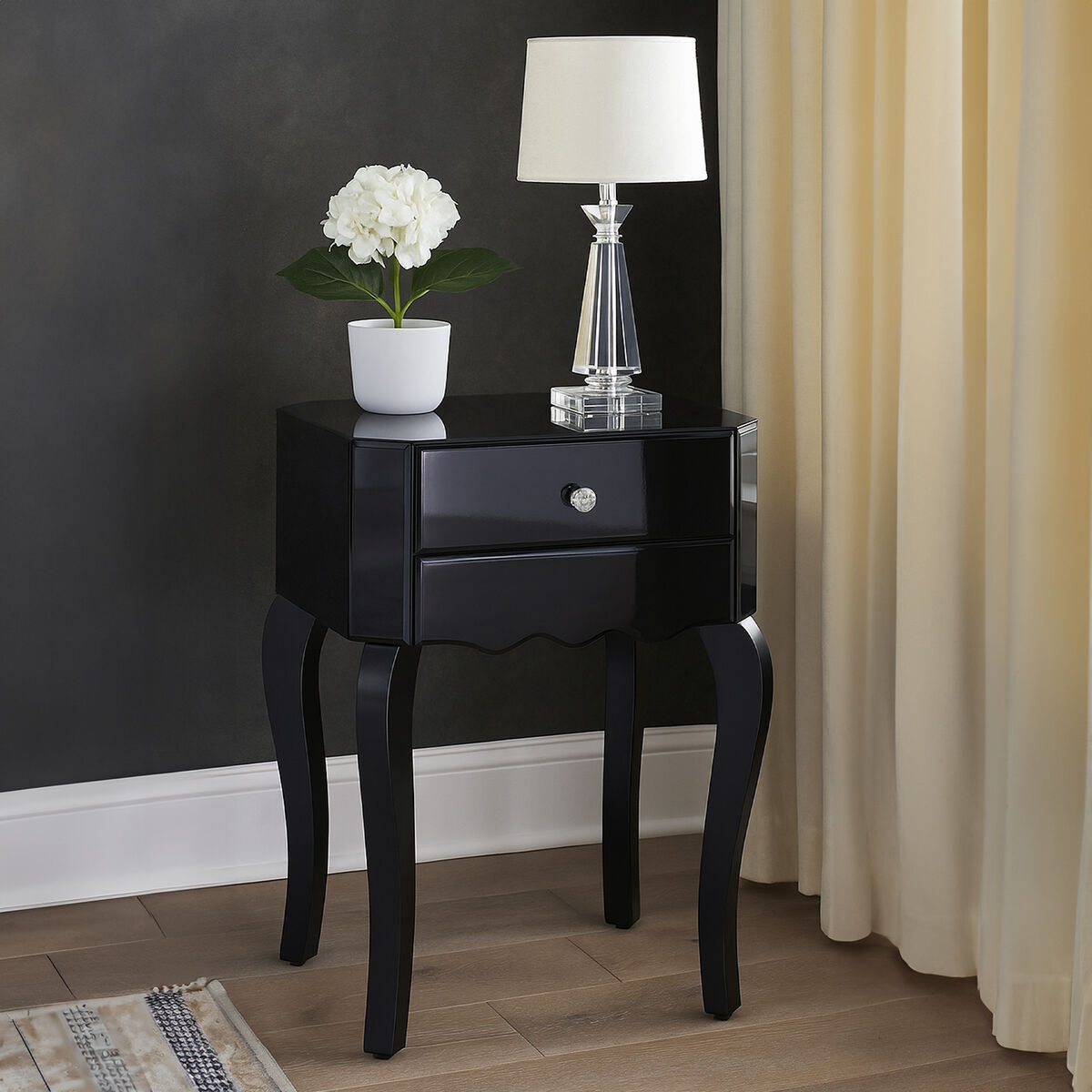 Orchid 1 Drawer Black Mirrored Glass Side Table