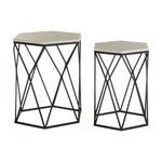 Arcana Marble and Black Metal Set Of Two Hexagonal Side Tables