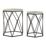 Arcana Marble and Black Metal Set Of Two Hexagonal Side Tables