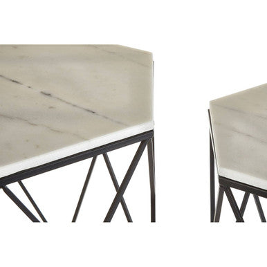 Arcana Marble and Black Metal Set Of Two Hexagonal Side Tables