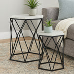 Arcana Marble and Black Metal Set Of Two Hexagonal Side Tables