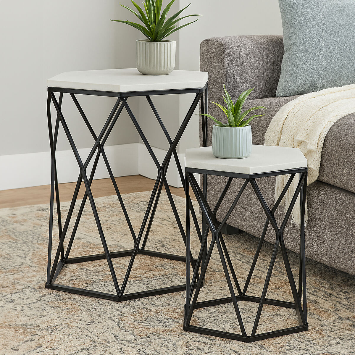 Arcana Marble and Black Metal Set Of Two Hexagonal Side Tables