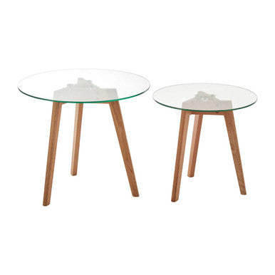 Nostra Set Of Two Glass Top Oak Wood Base Side Tables