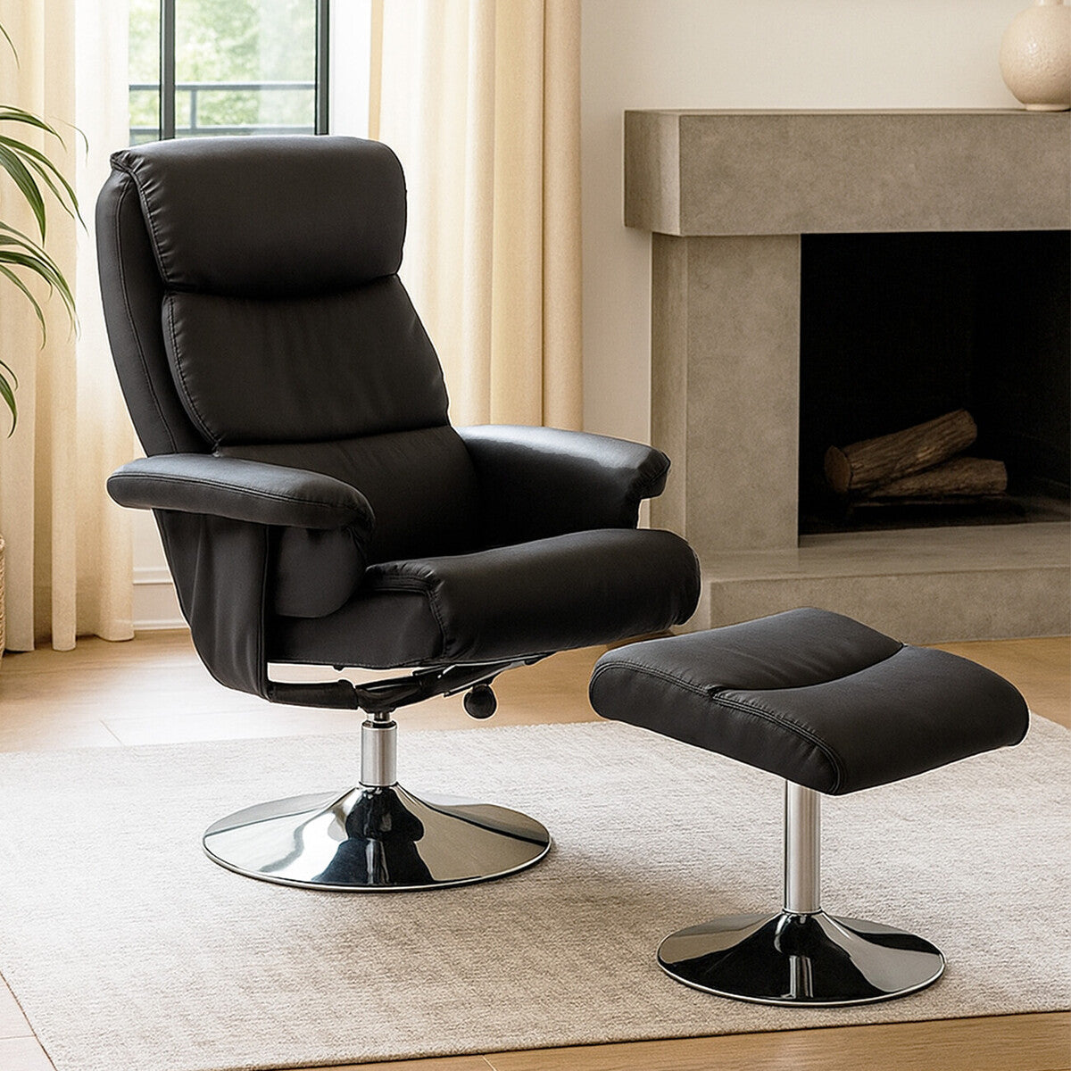 Denton Black Leather Effect Reclining Chair with Footstool