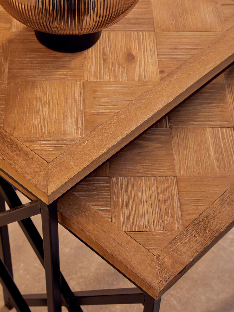 Kickford Parquet Fir Wood Set Of Two Nesting Tables