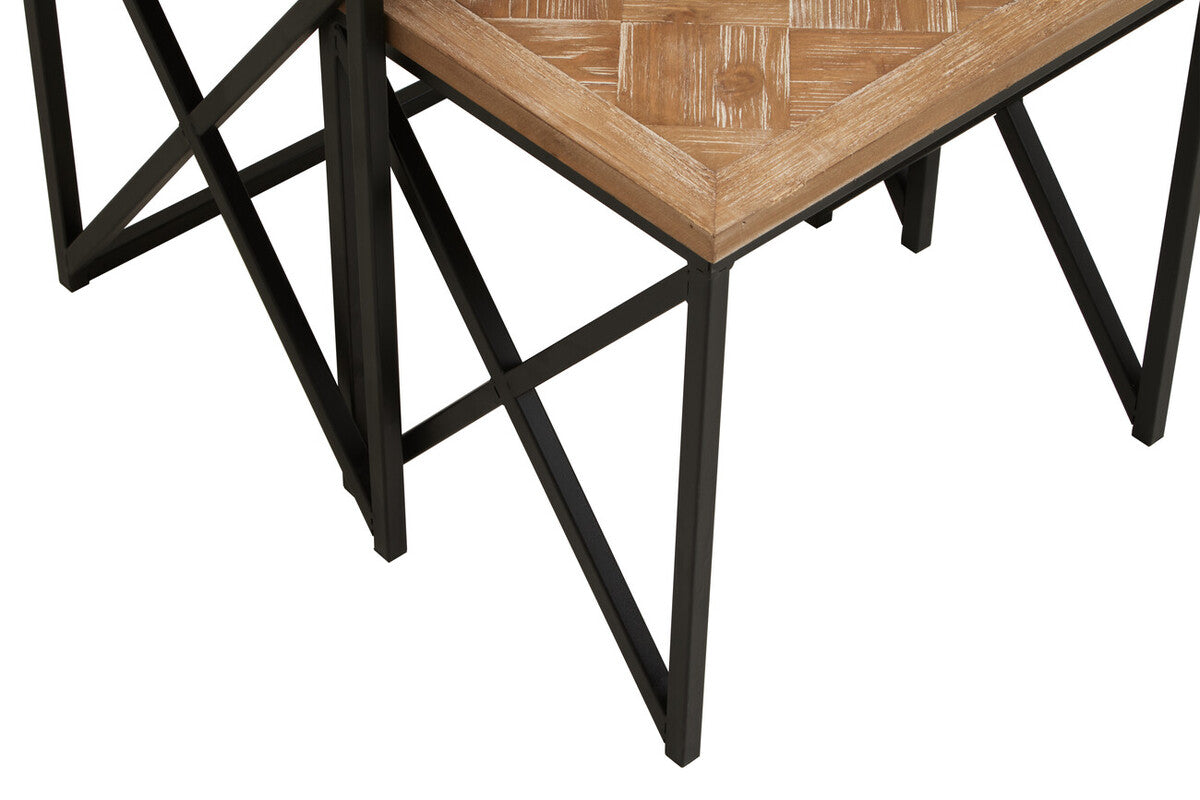 Kickford Parquet Fir Wood Set Of Two Nesting Tables