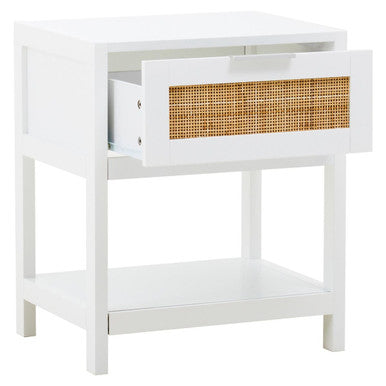 Sherman White Wood and Rattan One Drawer Side Table