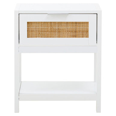 Sherman White Wood and Rattan One Drawer Side Table